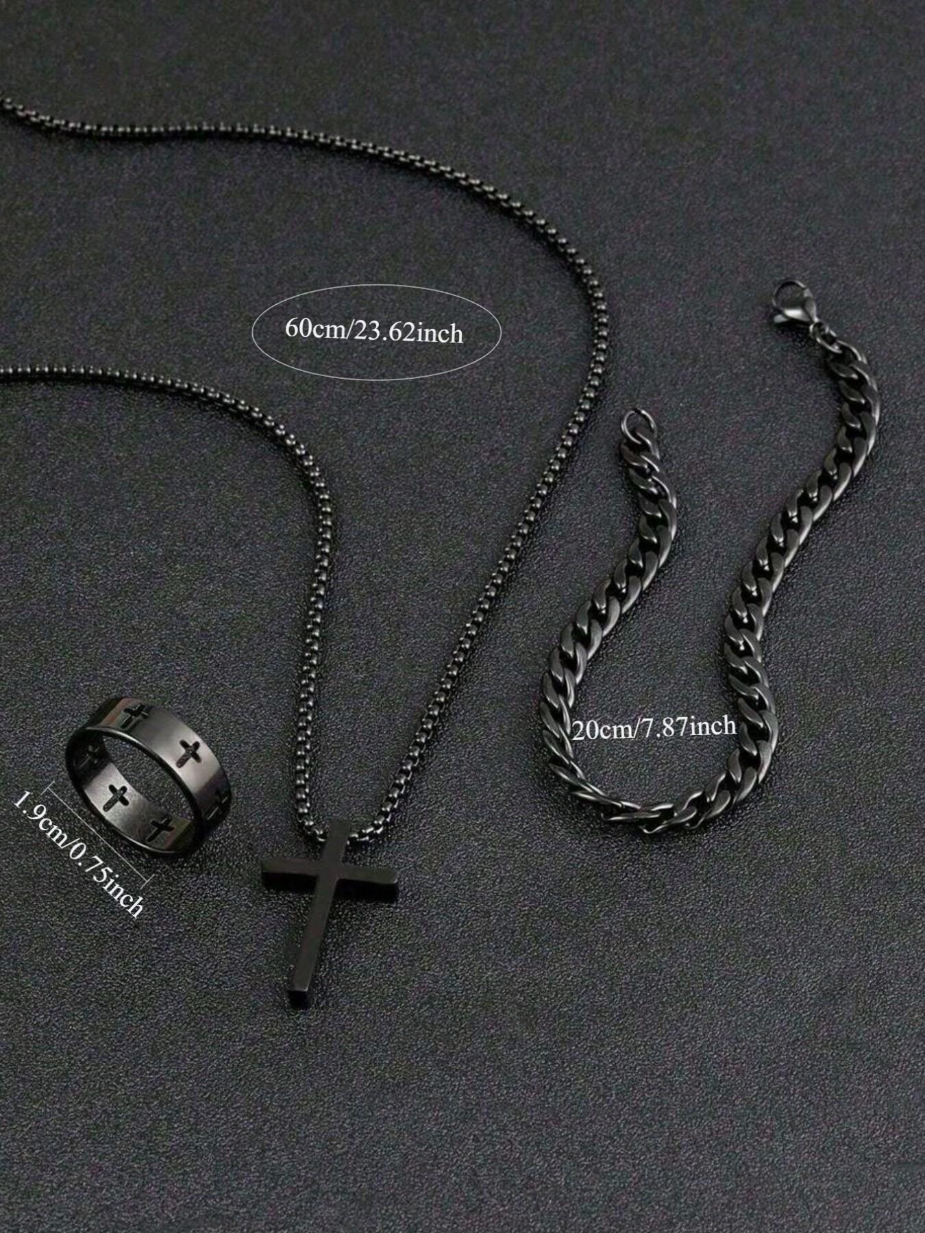 3pcs Teen Fashion Multi-Functional Stainless Steel Jewelry Accessories Set, Trendy Jewelry Set, Cross Necklace Bracelet Ring, Perfect Gift, Jewelry for Teens, Accessory Set