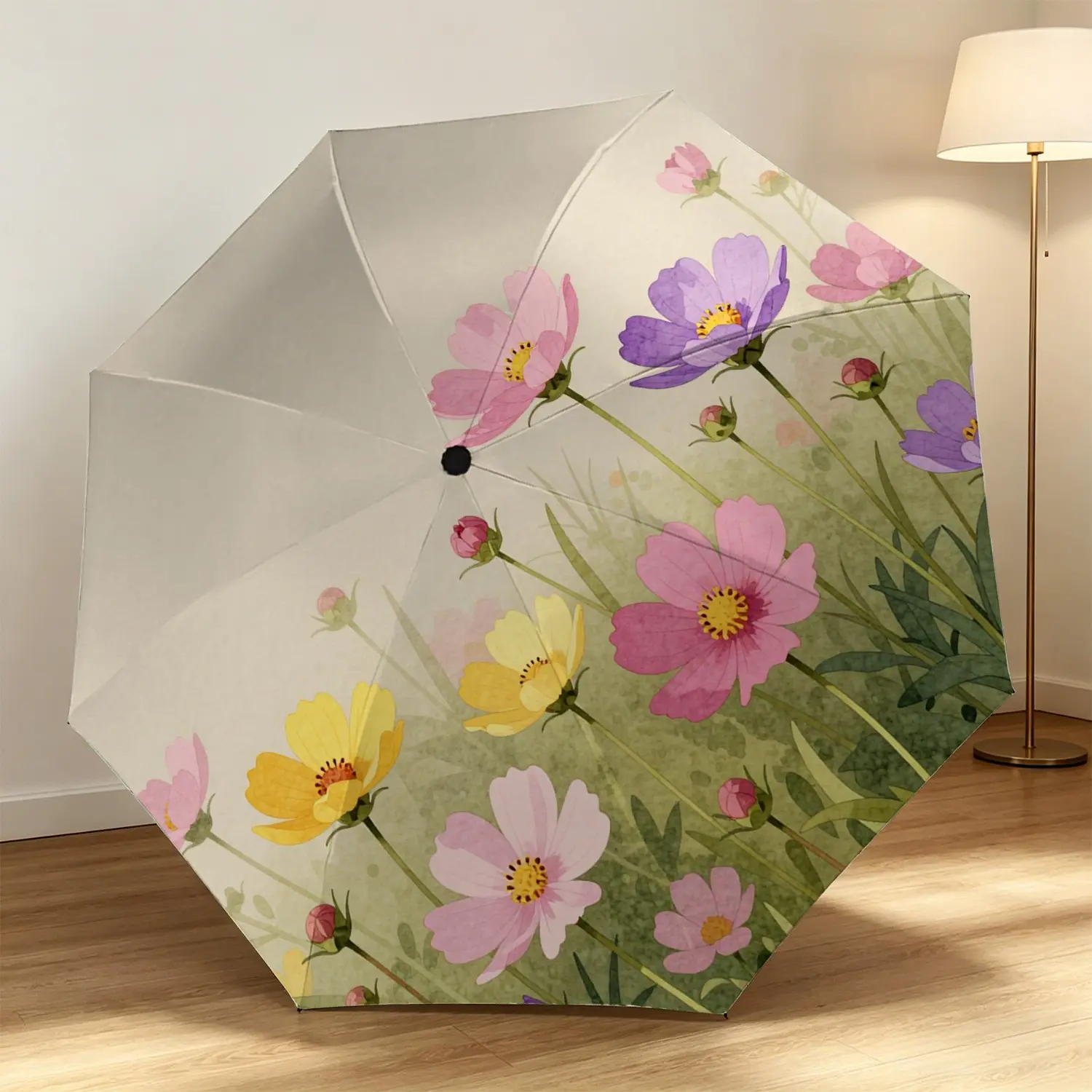 Auto Folding Umbrella with Persian Flower Design, 8-Rib Glass Fiber Frame, Plastic Handle, Wind-Resistant, Ideal for Halloween & Christmas Gifts