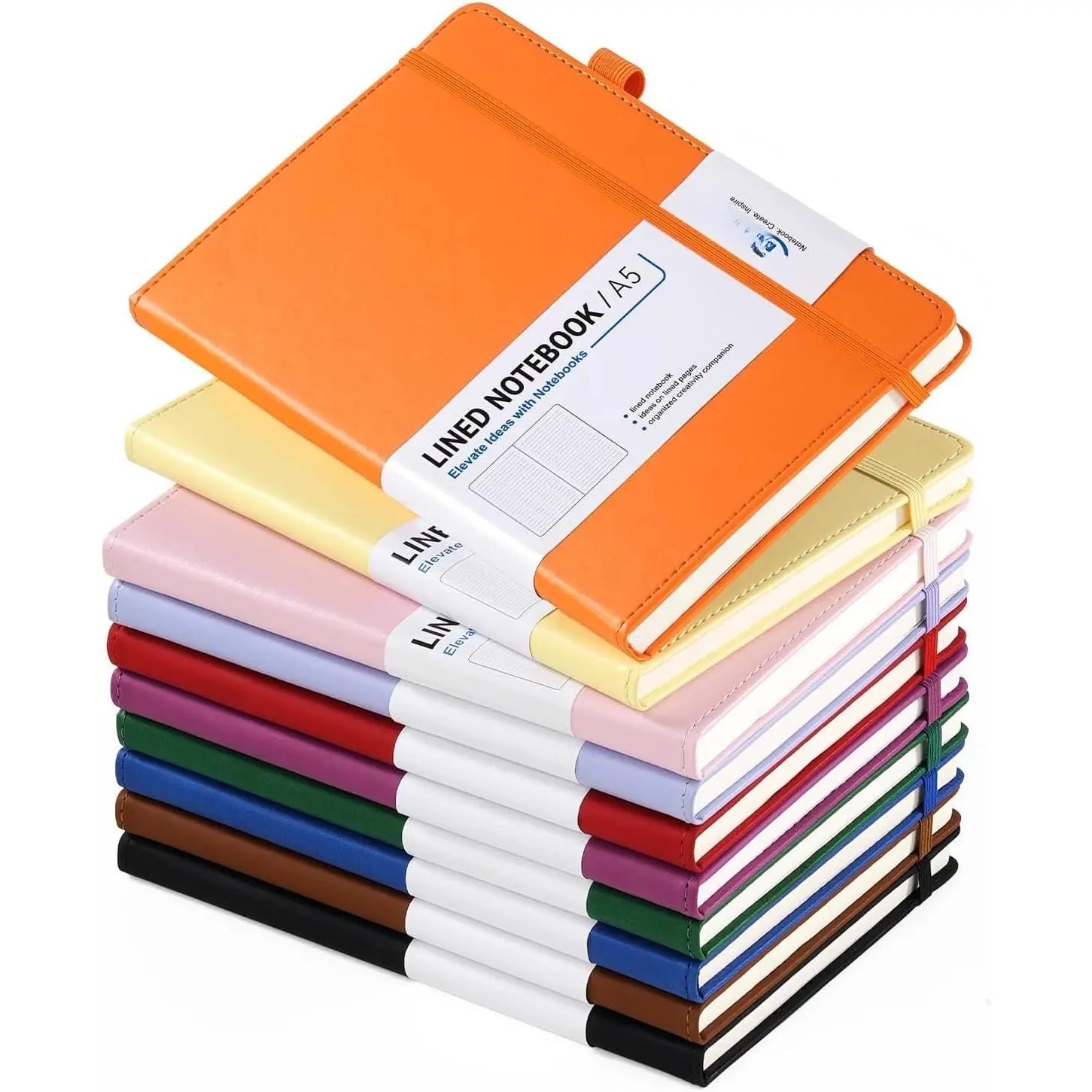 Hardcover Boxed Assortment Notebooks, 10-Pack A5 College Ruled (5.8x8.4 in), 160 Pages/80 Sheets, 10 Colors with Pen Loop for Work & Writing
