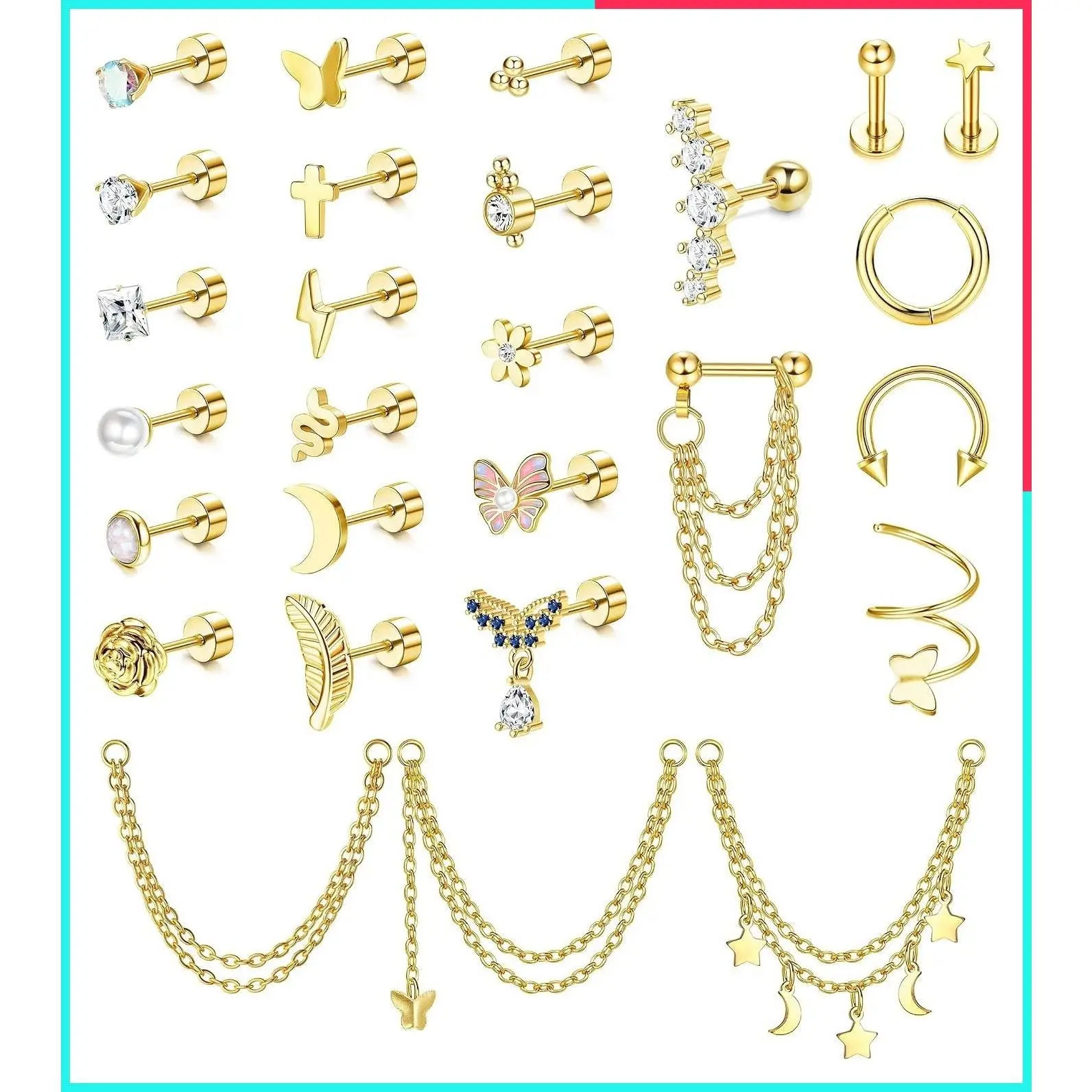 27 Pcs Hypoallergenic 16G Cartilage Earrings Stud Set for Women & Men - Stainless Steel Flat Back Earrings with Cute Chain Dangle for Conch Daith Helix Tragus Piercing Jewelry Multipack