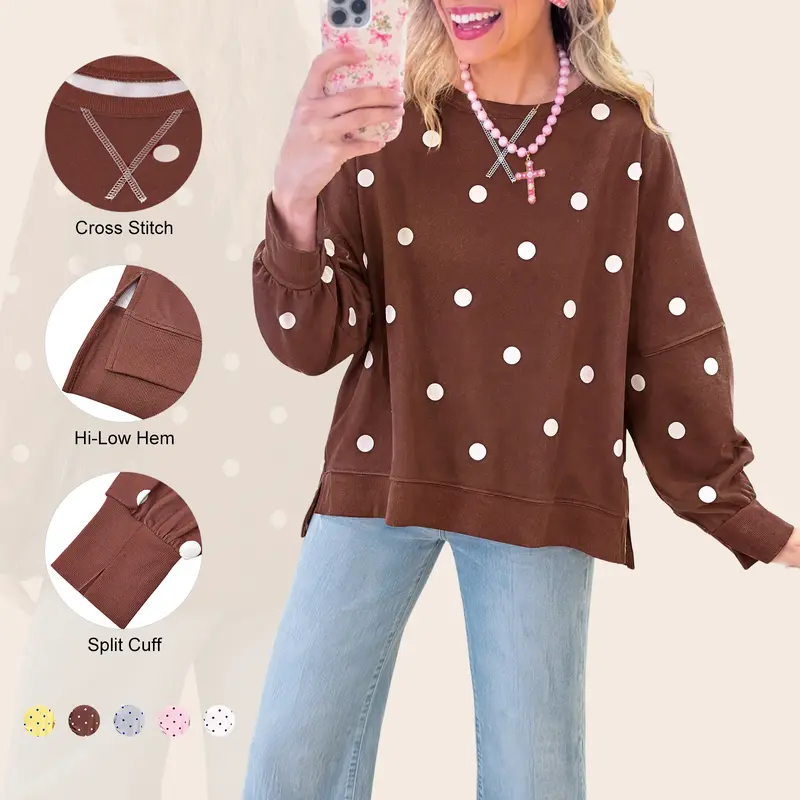 Imily Bela Polka‑Dot Print Loose Sweatshirt Women Crew‑Neck Drop‑Shoulder Long‑Sleeve Casual Pullover Top