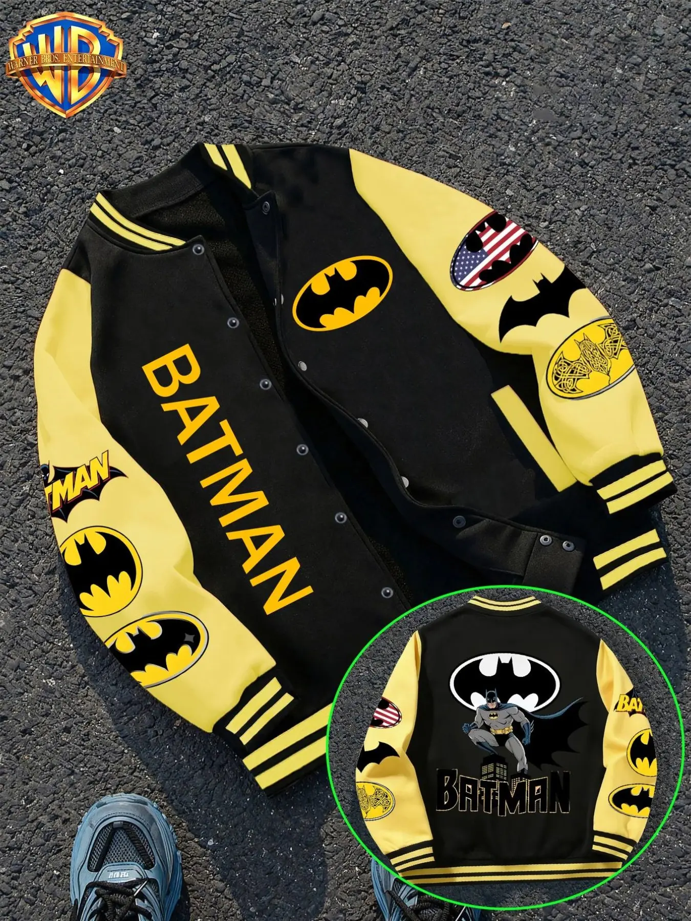 Wb Warner Bros. Batman Retro Varsity Jacket, Men Women Classic Batman Figure Graphic, Block, Casual Loose-Fitting Streetwear