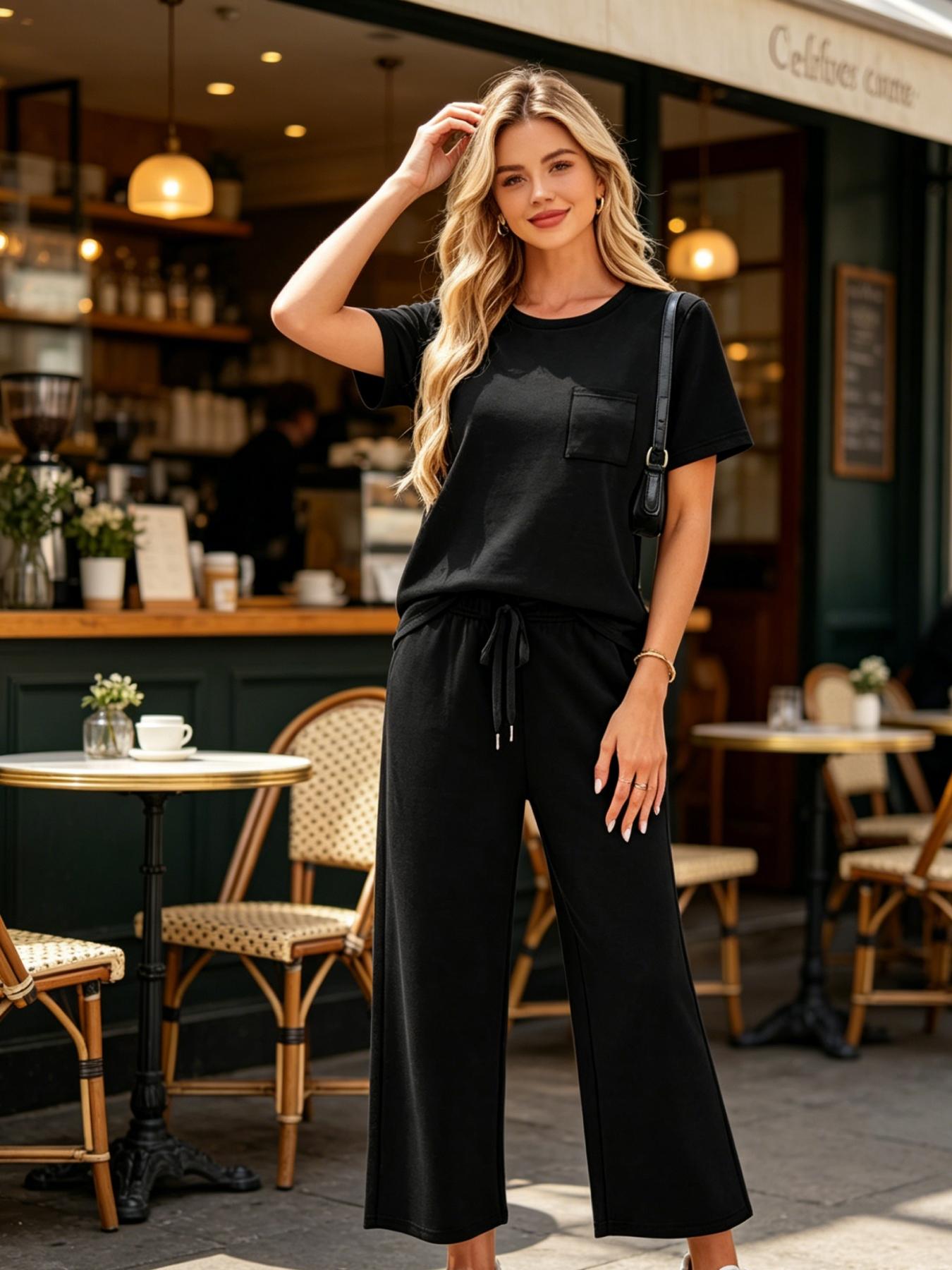 Women's Fashion Solid Color Casual Round Neck Pocket T-Shirt + Drawstring Wide Leg Pants Set Loose Fit Slimming Wide Leg Pants Two-Piece Set Suitable for Summer Commuting to Work Shopping Outings Indoor and Outdoor Wear