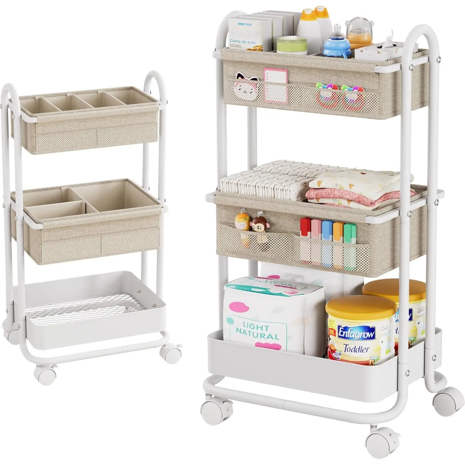 3 Tier Rolling Baby Diaper Caddy Organizer Cart, Off White Mobile Utility Storage Trolley with Fabric Divided Baskets, Wheeled Nursery Storage Cart for Diapers Feeding Skincare Baby Essentials