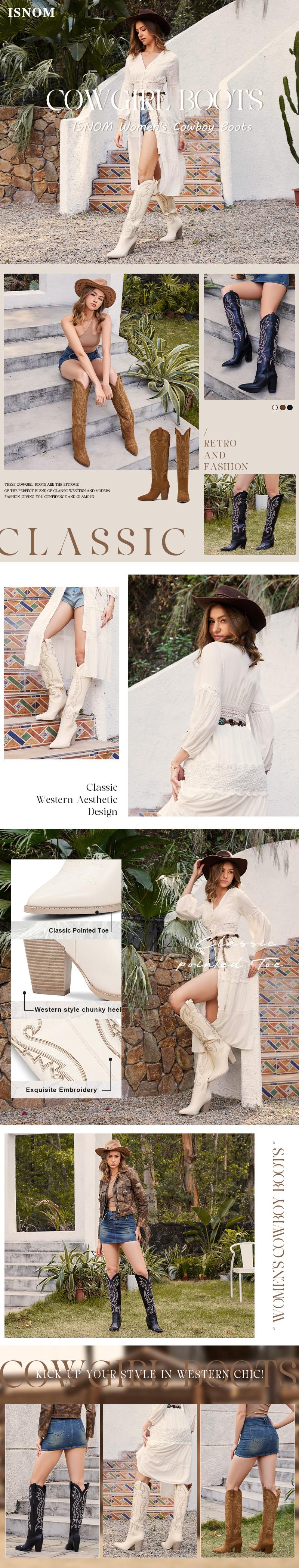 Wetkiss Womens Western Cowgirl Cowboy Knee High Boots with Embroidered Pointed Toe Chunky Heel Slip on Retro Tall shoes ,Women's Shoes,Women's Boots  #TikTokShopStockUp