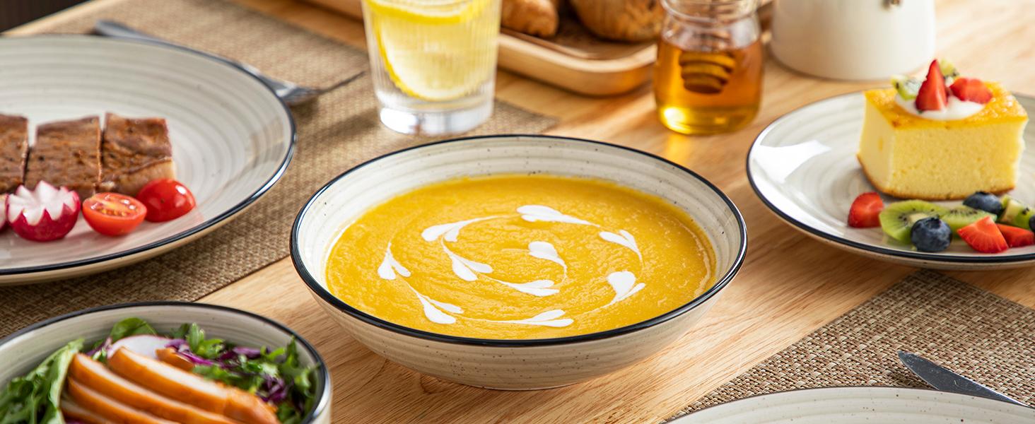 vancasso Bonbon Beige Dinner Set, 24 Pieces Dinner Sets for 6 People, Handpainted Swirls Plates and Bowls Set in Rustic Look, Include Dinner Plates, Dessert Plates, Pasta Bowls and Cereal Bowl Tableware Serving vancasso Bonbon Beige Dinner Set, 24 Pieces Dinner Sets for 6 People, Handpainted Swirls Plates and Bowls Set in Rustic Look, Include Dinner Plates, Dessert Plates, Pasta Bowls and Cereal Bowl Tableware Serving