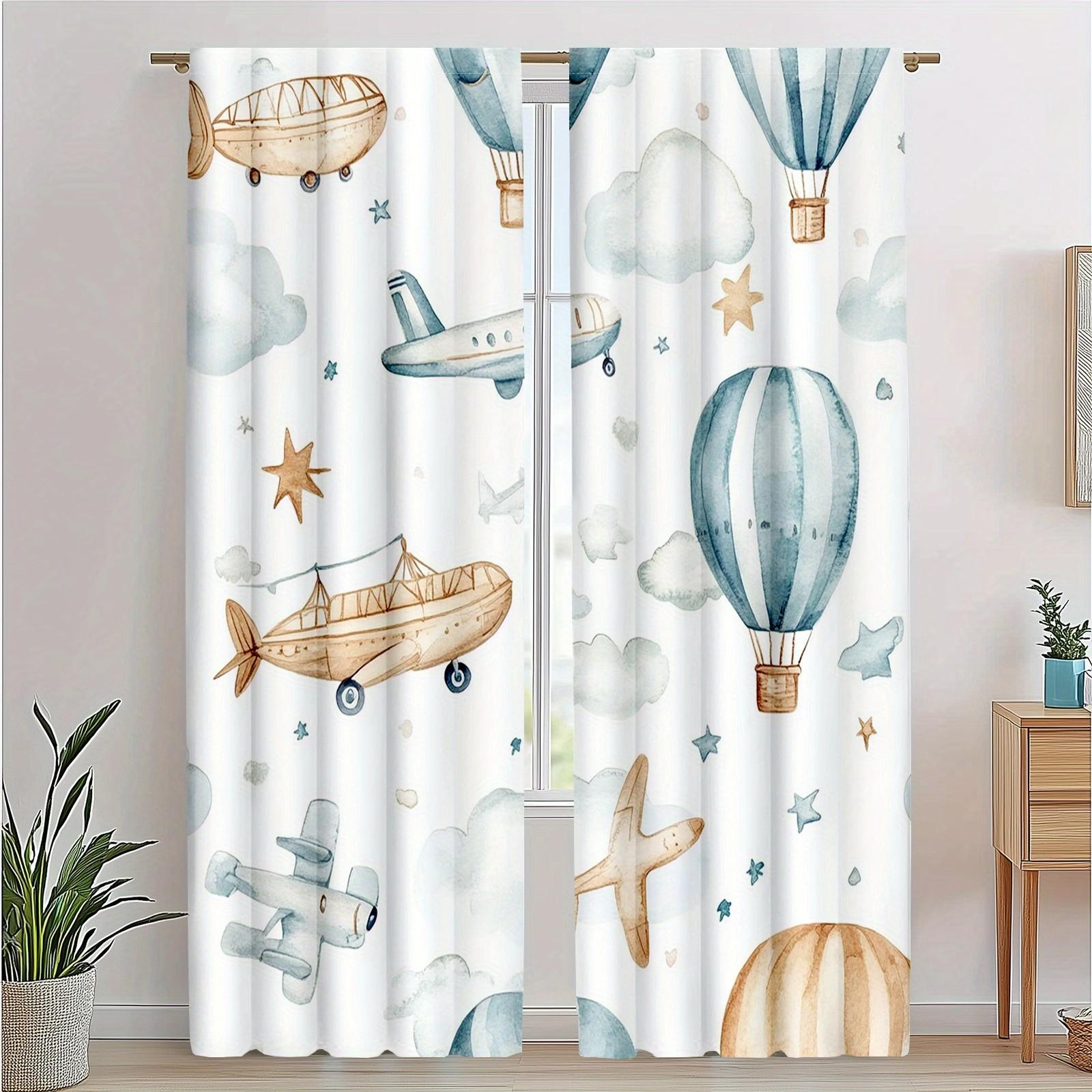 2pcs Cute Animal Curtains with Rainbow Hot Air Balloon & Airplane Design - 100% Polyester Semi-Translucent Rod Pocket Curtains for Bedroom & Living Room, Machine Washable Whimsical Decor, Living Room Curtains, Vintage Airplane Motif, Durable Fabric