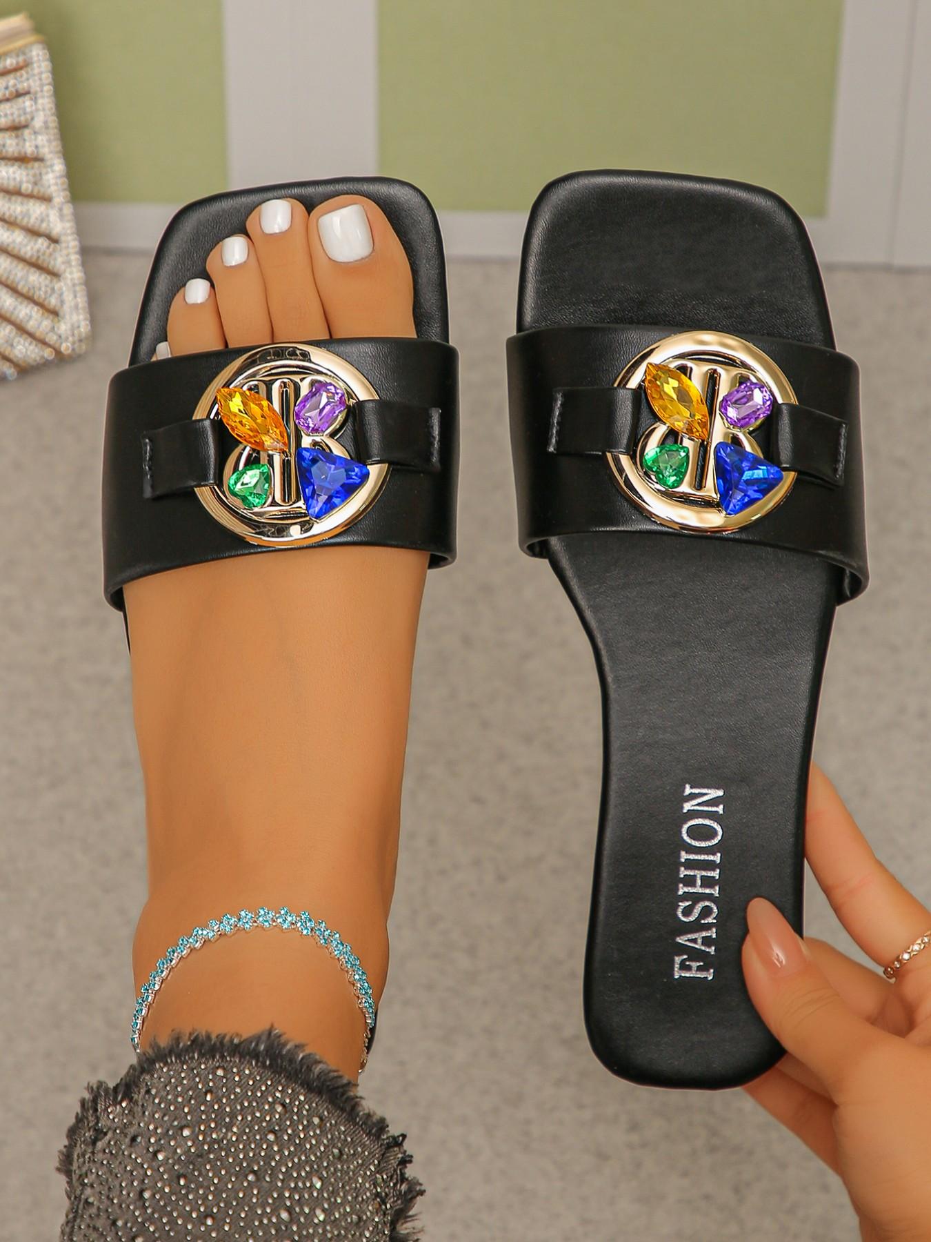 Women's Square Toe Rhinestone Buckle Sandals, Casual Flat Summer Slippers for Beach, Vacation, Daily Wear, Comfortable and Stylish