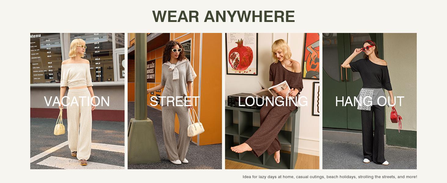 Imily Bela Women's 2 Piece Travel Outfits Casual Short Sleeve Knit Pullover Tops Wide Leg Pants Lounge Sets Tracksuit