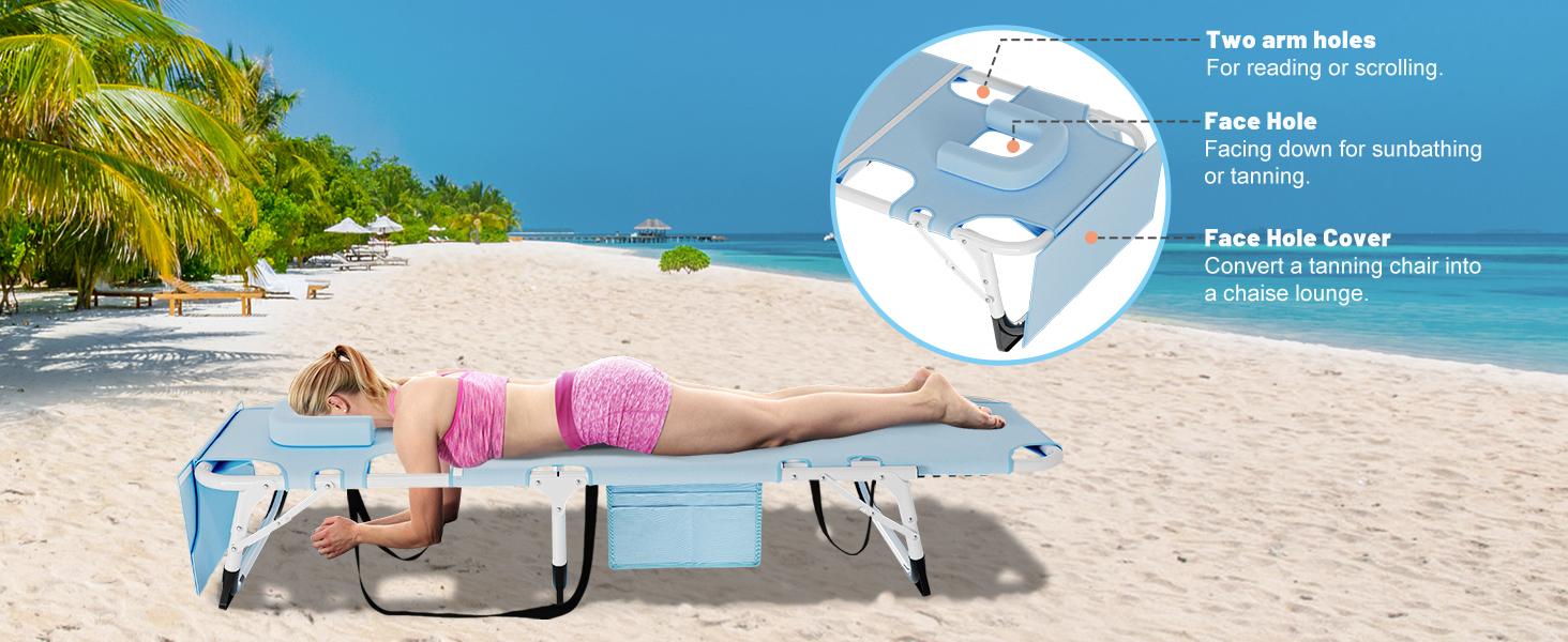 Lilypelle Sun Tanning Chair, Adjustable 5-Position Folding Beach Lounger with Face Arm Hole, Removable Cushion & Pillow, Side Pocket, Carry Handle, Outside Sunbathing Lounge Chair for Patio, Poolside, Lawn Lilypelle Sun Tanning Chair, Adjustable 5-Position Folding Beach Lounger with Face Arm Hole, Removable Cushion & Pillow, Side Pocket, Carry Handle, Outside Sunbathing Lounge Chair for Patio, Poolside, Lawn