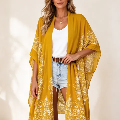 Women's Ethnic Pattern Batwing Sleeve Kimono, Womenswear Casual Three Quarter Length Sleeve Split Hem Kimono, Ladies Summer Swimwear for Beach Vacation, Beachwear Coverups