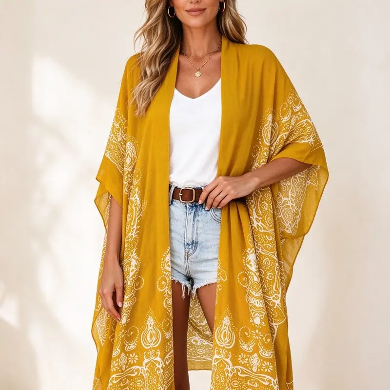 Women's Ethnic Pattern Batwing Sleeve Kimono, Womenswear Casual Three Quarter Length Sleeve Split Hem Kimono, Ladies Summer Swimwear for Beach Vacation, Beachwear Coverups