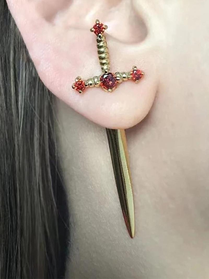 Artificial Crystal Decorated Gothic Sword Stud Earrings, 1 Pair Vintage Punk Jewelry for Women for Party, Daily Clothing Decor, Trendy All-match & Exquisite Jewelry for Birthday Gift, Cross Dangle Earring