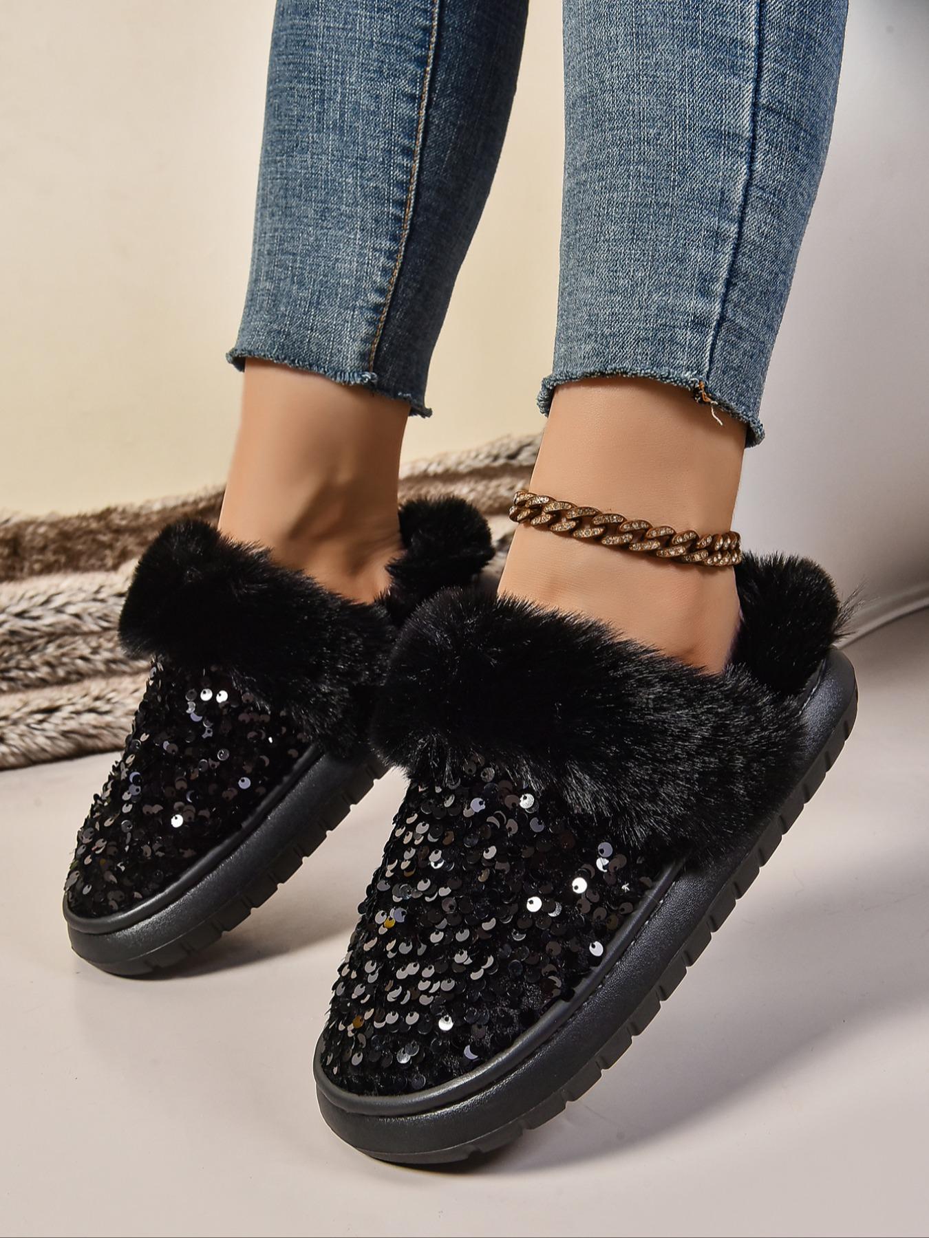 Women's Baroque Sequin Decor Plush Slippers, Casual Soft Comfortable Home Slippers, Warm Slippers for Indoor & Outdoor Use for Fall & Winter, Non Slip Slippers