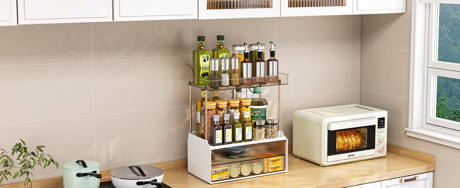 7CODE 4-Tier 2-Drawer Bathroom Organizer with Makeup, Perfume, and Skincare Organizers in Amber Racks Cosmetic Box