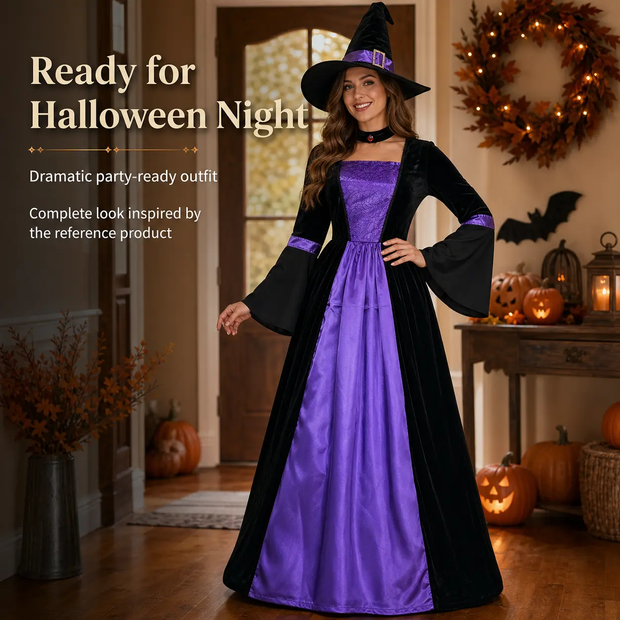 Women Black Purple Velvet Witch Long Dress with Witch Hat, Halloween Medieval Wizard Cosplay Costume