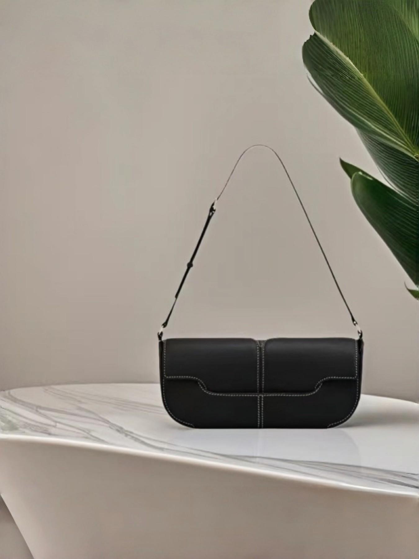 Elegant Dark Leather Crossbody Bag, French Minimalist Single Shoulder Bag, Chic Noblewoman Versatile Fanny Pack