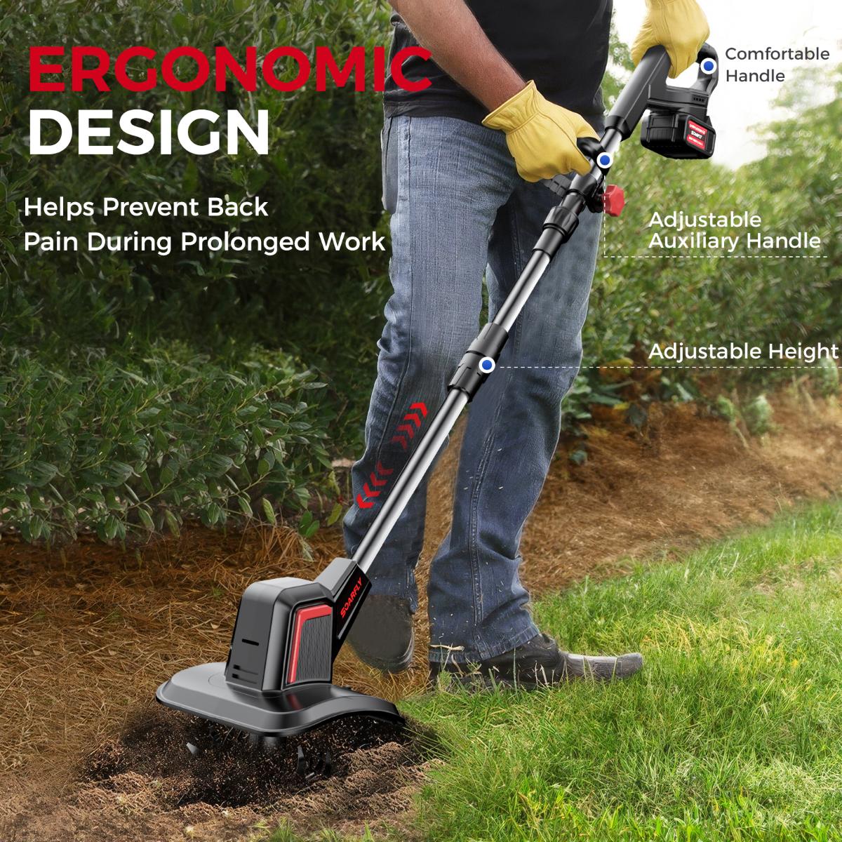 SOARFLY 20V Cordless Tiller Cultivator, 360 RPM, With 2×4.0AH Batteries & Charger, 9 inch Width, 6.6 inch Depth, 48 Steel Tines Rototiller for Lawn/Gardening/Soil Cultivation