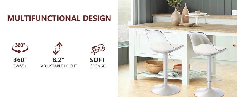 Mojay Modern Clear Acrylic Bar Stools Set of 2-4, Adjustable Swivel Counter Height Bar Chairs with Faux Leather Upholstered Seat and Ergonomic Backrest, Contemporary Bar Stools for Kitchen Island