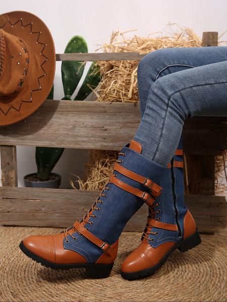 Women's Long Motorcycle Boots, Western Style Round Toe Thick Sole, Durable Comfortable Design, Perfect for Casual Wear