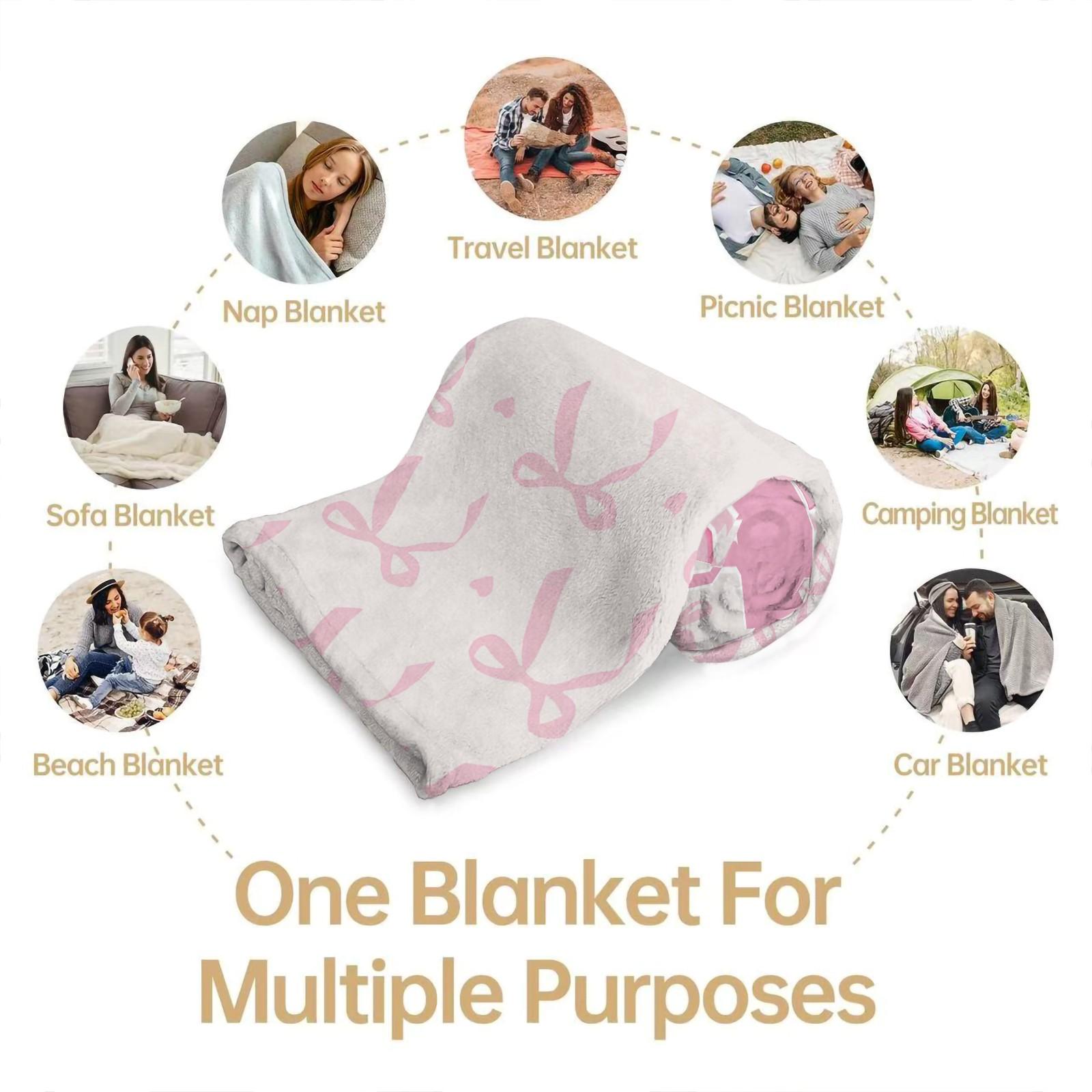 Pink Romantic Ballet Bow Alphabet Flannel Blanket, Soft Lightweight Multi-Use Throw for Car, Home, Library, Office & Nap, Ideal Housewarming Birthday Christmas Gift