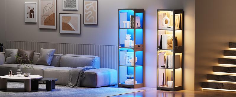 BROTTAR Display Cabinet with Glass Doors, 4-Tier Display Case with 3 Color Lights for Collectibles, Display Shelves with Human Body Sensor, Black