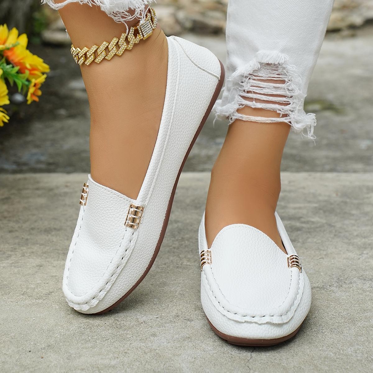 Women's Classic Plain Low Heel Shoes, Fashionable and Sexy, High-End Slant Metal Chain Decoration, Comfortable Casual Loafers, Slip On Shoes