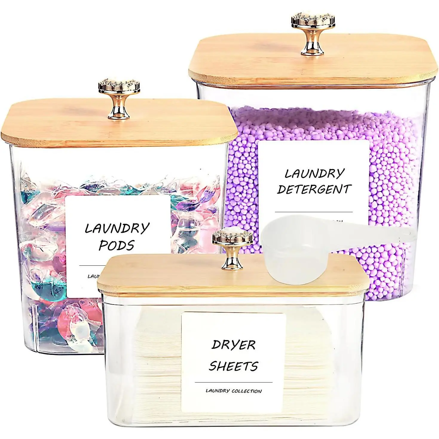 3 Pack Laundry Room Organization Storage Containers, Plastic Clear Laundry Pods Container & Dryer Sheet Holder Jars with Lids, Scoops & Labels for Detergent, Powder, Dryer Balls, Beads