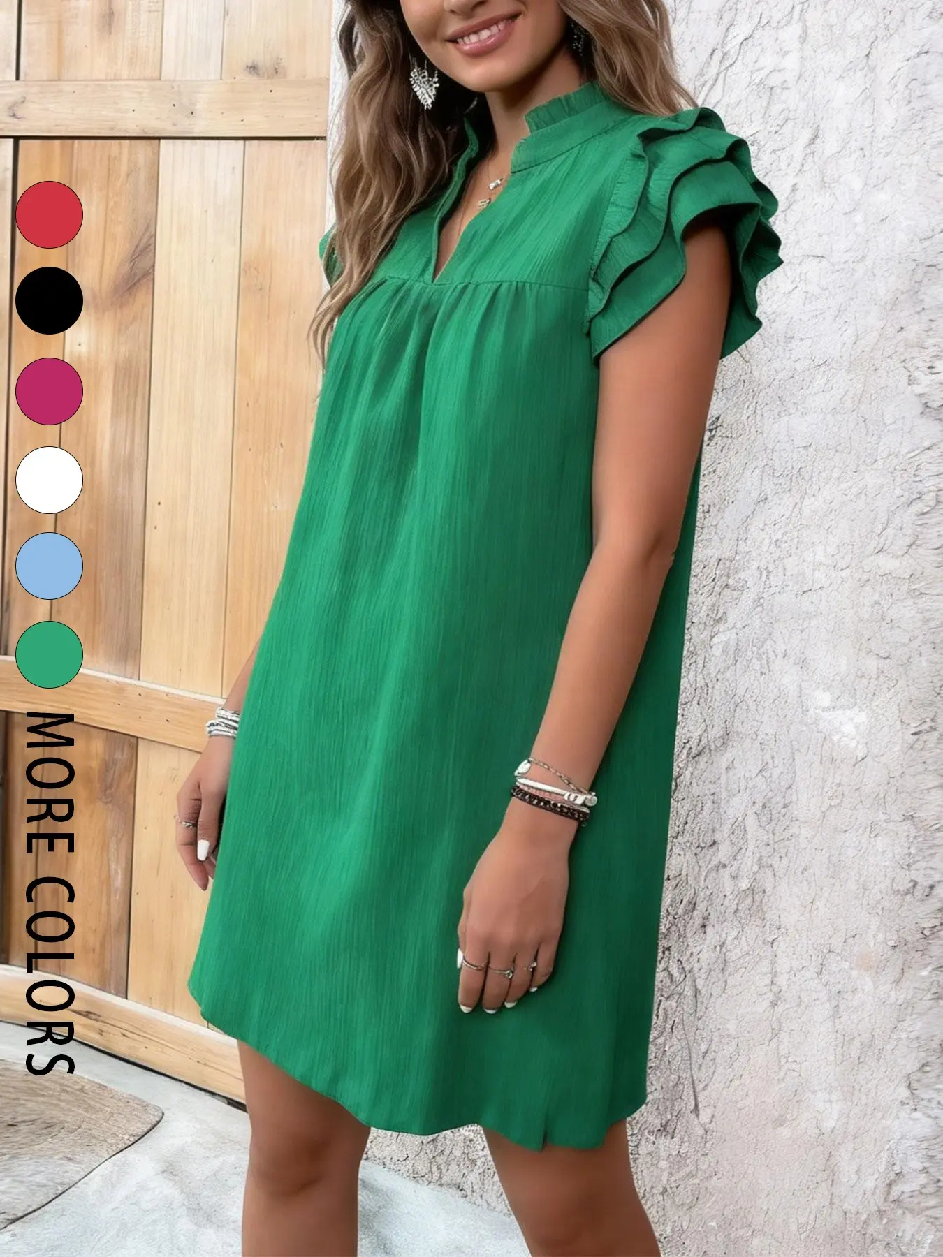 A women's solid color casual multi-layer ruffled sleeve V-neck pullover dress, suitable for summer, daily casual wear, vacations, dates, Casual Boho Chic, Boho Casual Dress, Womenswear, Bohemian Style, Boho Summer Outfit