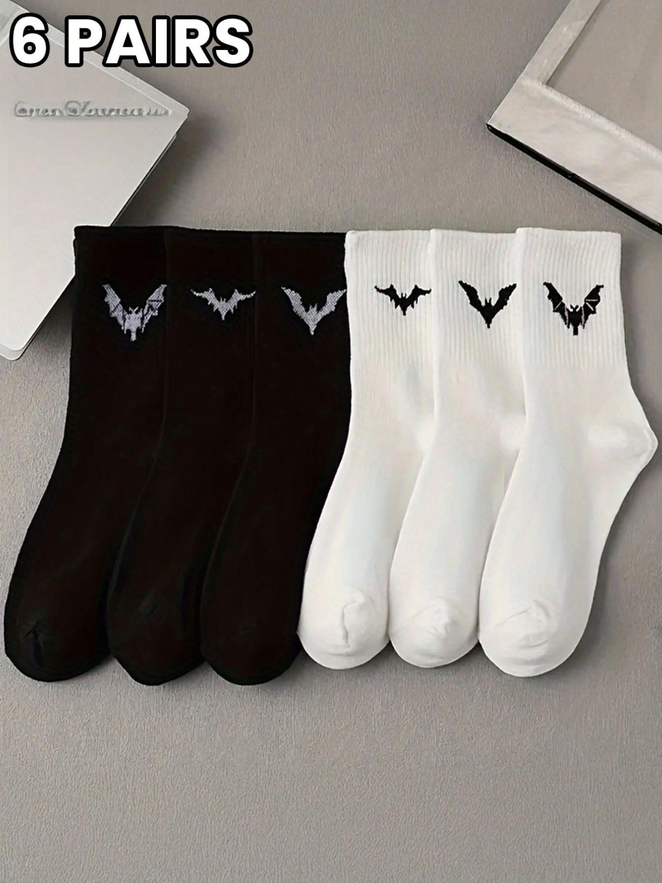 6 Pairs Men's Mid-Calf Socks, Bat Logo, Breathable, Anti-Odor, Sweat-Wicking, Casual Daily Wear, Student & Office Use