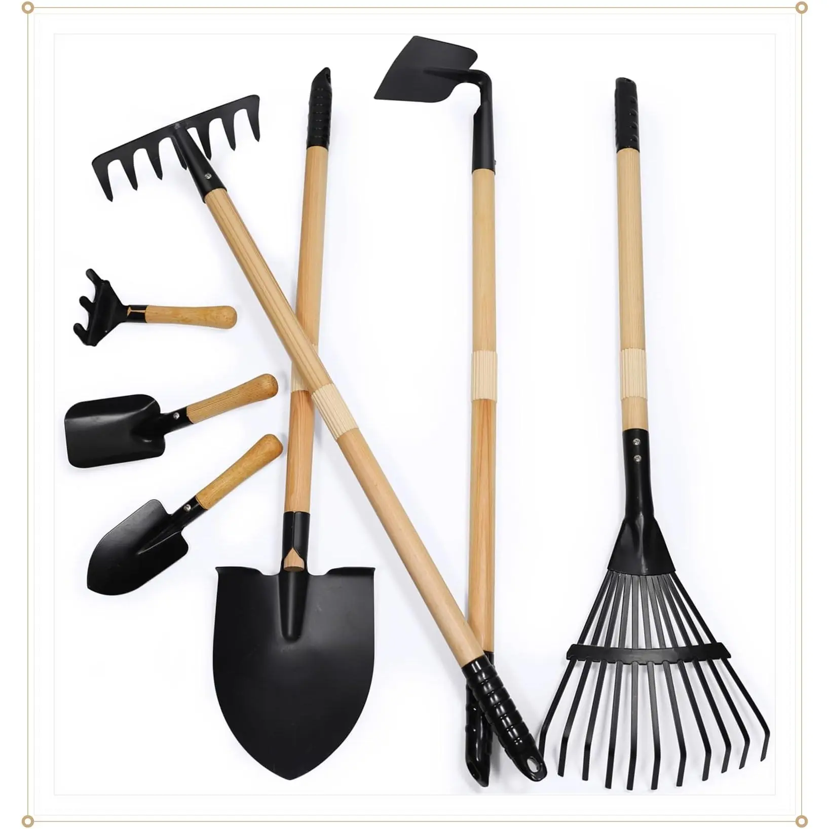 7-Piece Kids Gardening Tool Set with Long Shovel, Leaf Rake, Spade, Hoe, Steel Heads and Real Wood Handles, Yard Tools for Children and Toddlers, Ideal GiftGift