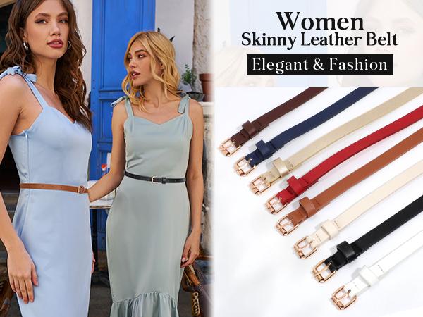 JASGOOD 4 Pack Skinny Women Leather Belt for Dresses Thin Waist Belt with Gold Buckle for Jeans Pants