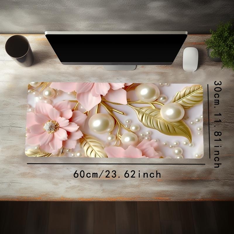 Floral Pearl Pattern Mouse Pad, Aesthetic Painting Large Gaming Mouse Pad, Office Desk Accessories, Desktop Accessory, Non-slip Rubber Base Stitched Edge Desk Pad for Home Office Game, Pastel Color