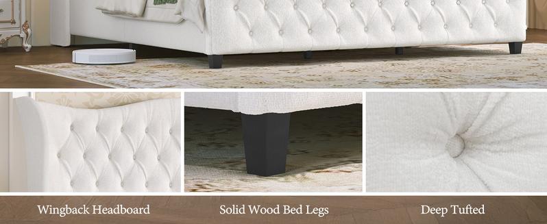 Queen King Size Chenille Upholstered Bed Frame, Sleigh Platform Bed Frames with 51" Tall Wingback Headboard & 27" Scroll Footboard, Button Tufted/No Box Spring Required/Wood Slats Support/Cream Queen King Size Chenille Upholstered Bed Frame, Sleigh Platform Bed Frames with 51" Tall Wingback Headboard & 27" Scroll Footboard, Button Tufted/No Box Spring Required/Wood Slats Support/Cream