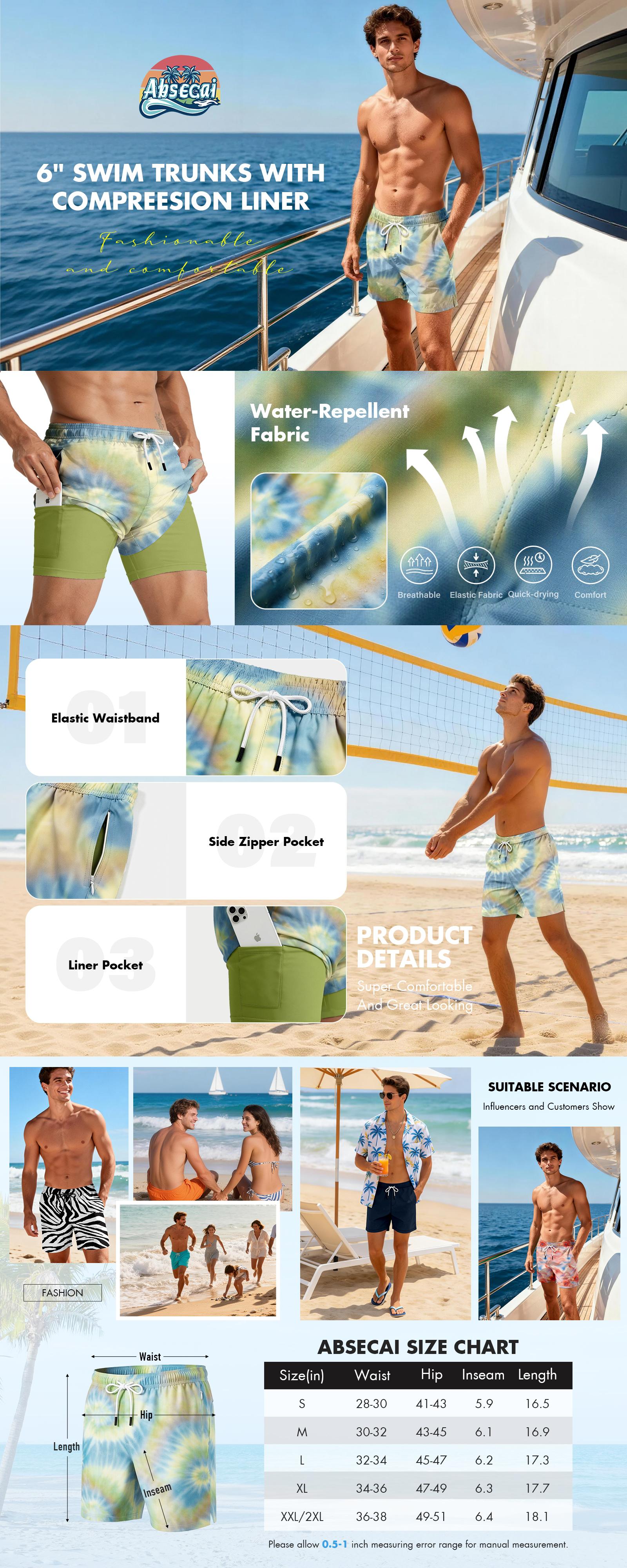 ABSECAI 2026 Men's 2-in-1 Swim Trunks,Compression Liner 6",Quick Dry,Zipper Pockets,TikTok Trend,quick dry swim truk eeshorts,clothing shorts,streetwear,stylebeach swimminng,Shorts for Summer,Outdoorfun