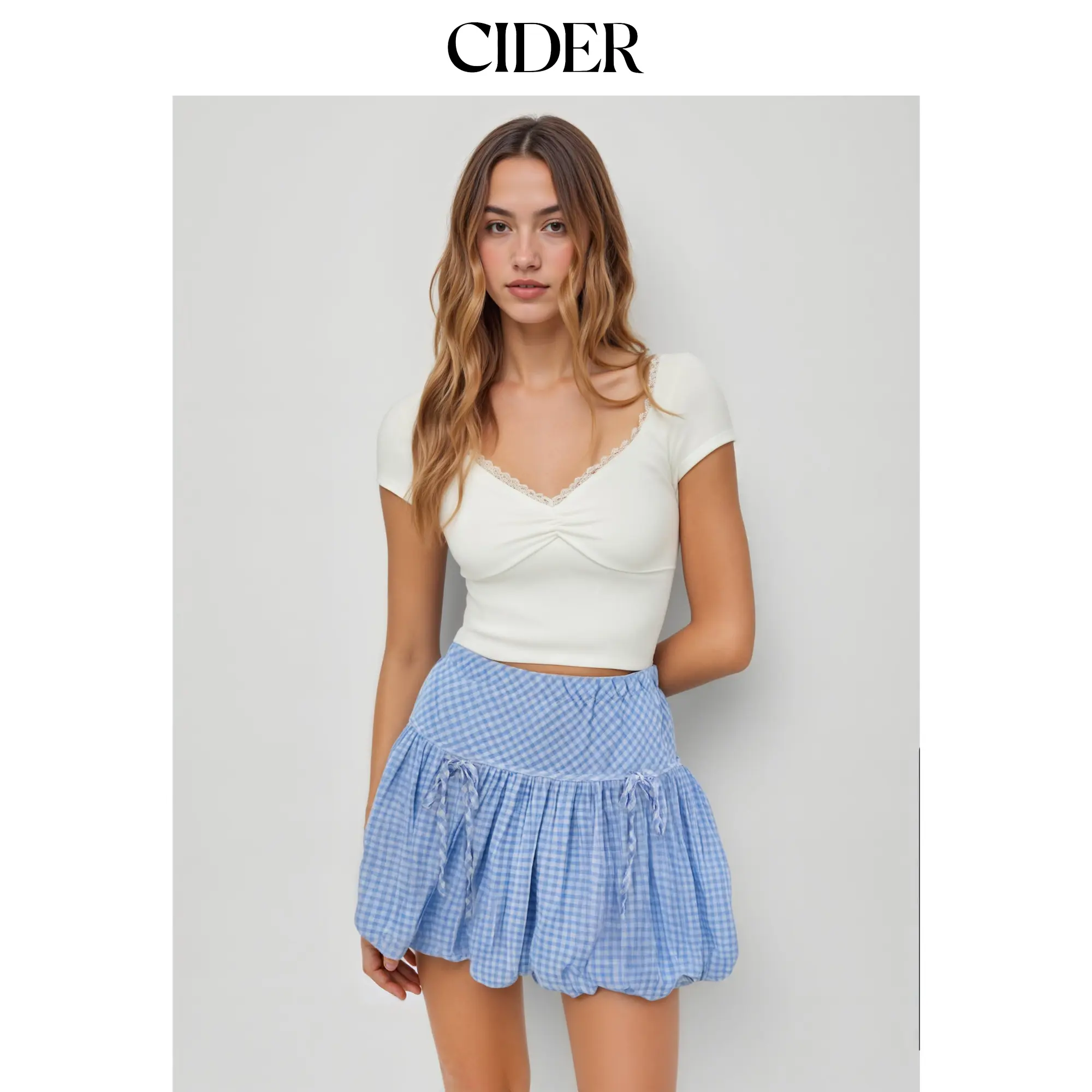 Cider Bowknot Gingham Bubble Hem Mini Skirt