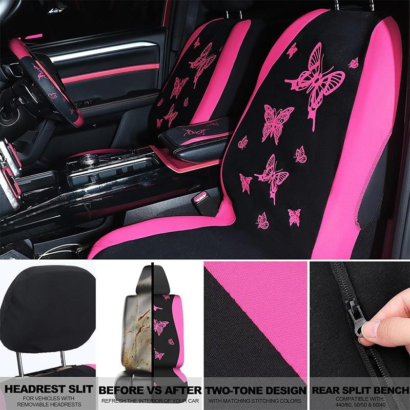 4 Butterfly-Themed Car Seat Cover & Interior Accessory Combo: Lightweight and Breathable Seat Covers for 5-Seater Vehicles, Butterfly-Print Steering Wheel Cover, and Additional Decorative Accents; Compatible with Most Sedan and SUV Models