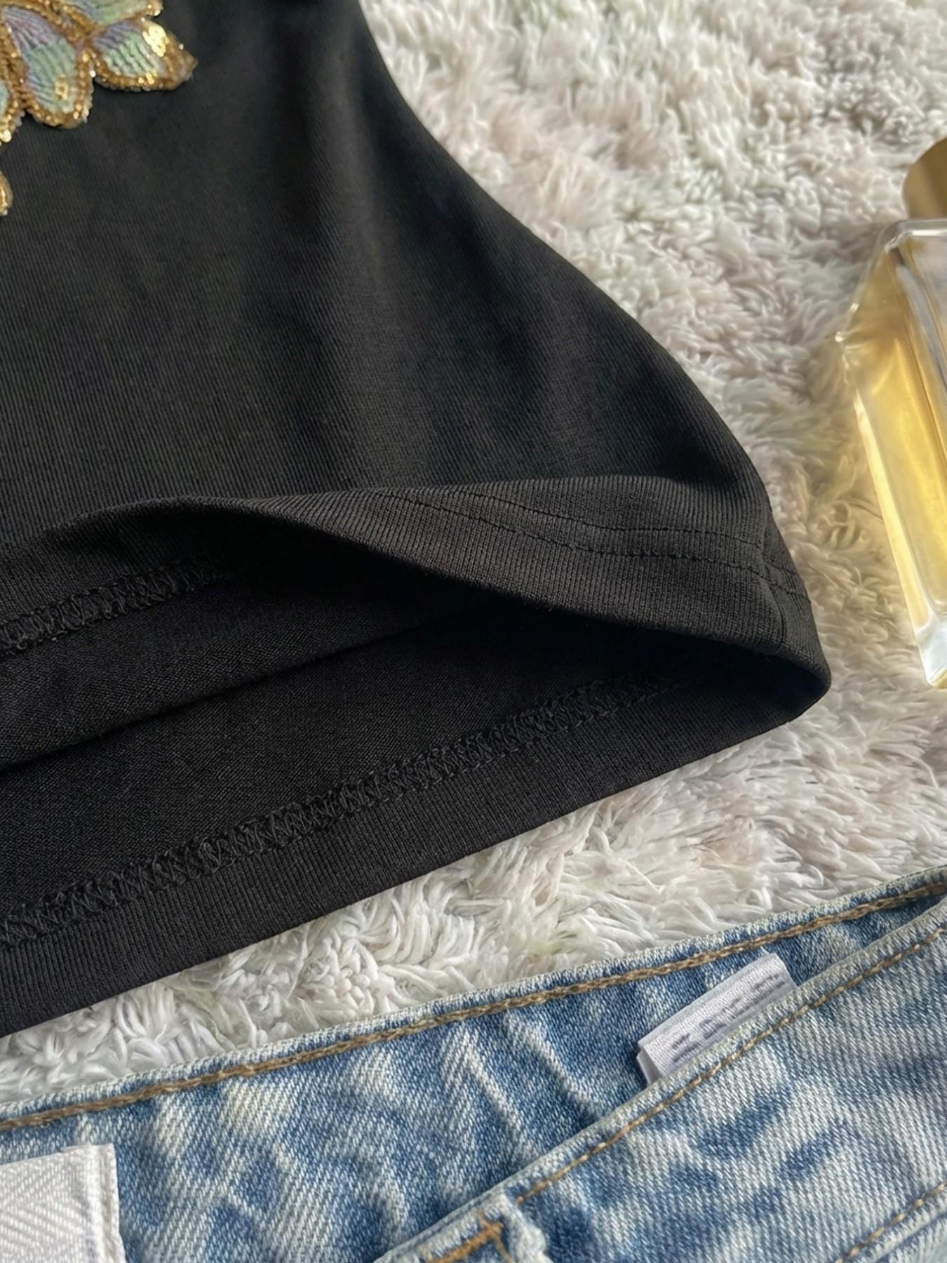 Off-Shoulder Short Sleeve Top, Sequin Floral Embroidery, Women's Slim Fit Waist Ruched T-Shirt, Retro Millennial Casual Style, Soft Stretch Fabric, Streetwear, Casual Tee Tops
