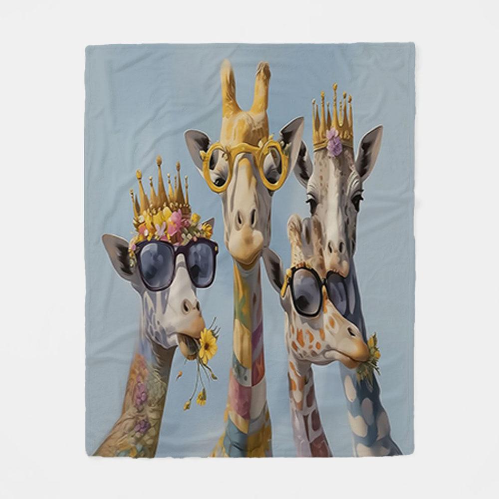 Passionate Lily Giraffe Blanket - Soft Flannel Giraffe Pattern with Crown and Stylish Glasses, Thick Fleece Blanket, Bedroom Throw, Couple's Blanket, Extra Large Leisure Blanket, Living Room Blank