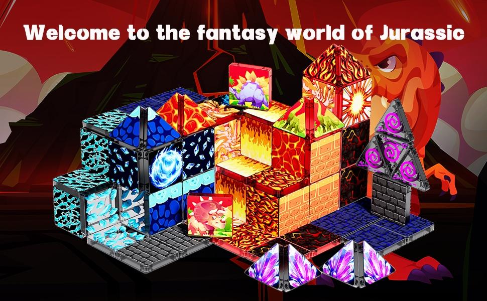 【New Sticker Set】60PCS,1.48inch Creative Sticker Magnetic Tiles,Jurassic Dinosaur Series，Magnet Building Blocks Cubes Construction Stacking Educational Assembly Toy Preschool STEM Play Creative Playboard for Toddler Kids Ages 3+,Kids Toys best gift