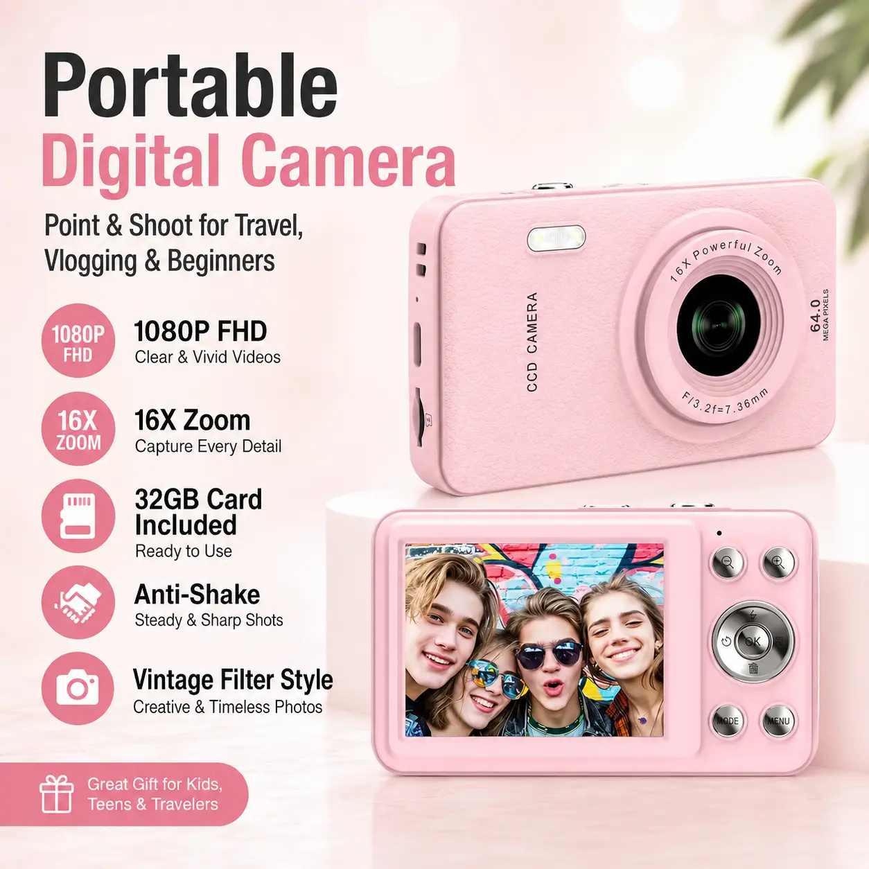 1080P Digital Camera for Photography with Vintage CCD Filter Effects, Compact Point and Shoot Camera with 16X Zoom, Anti-Shake Stabilization, 32GB Memory Card Included, Portable Vlogging Camera for Teens, Travel and Beginners