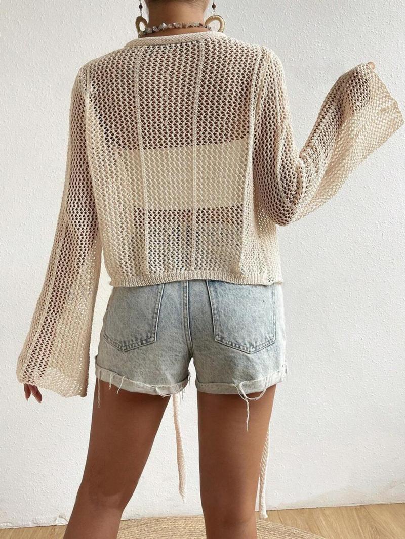 Women's Plain Knot Front Cardigan, Casual Long Sleeve Cover Up for Summer, Fashion Women's Knitwear for Beach Holiday Vacation