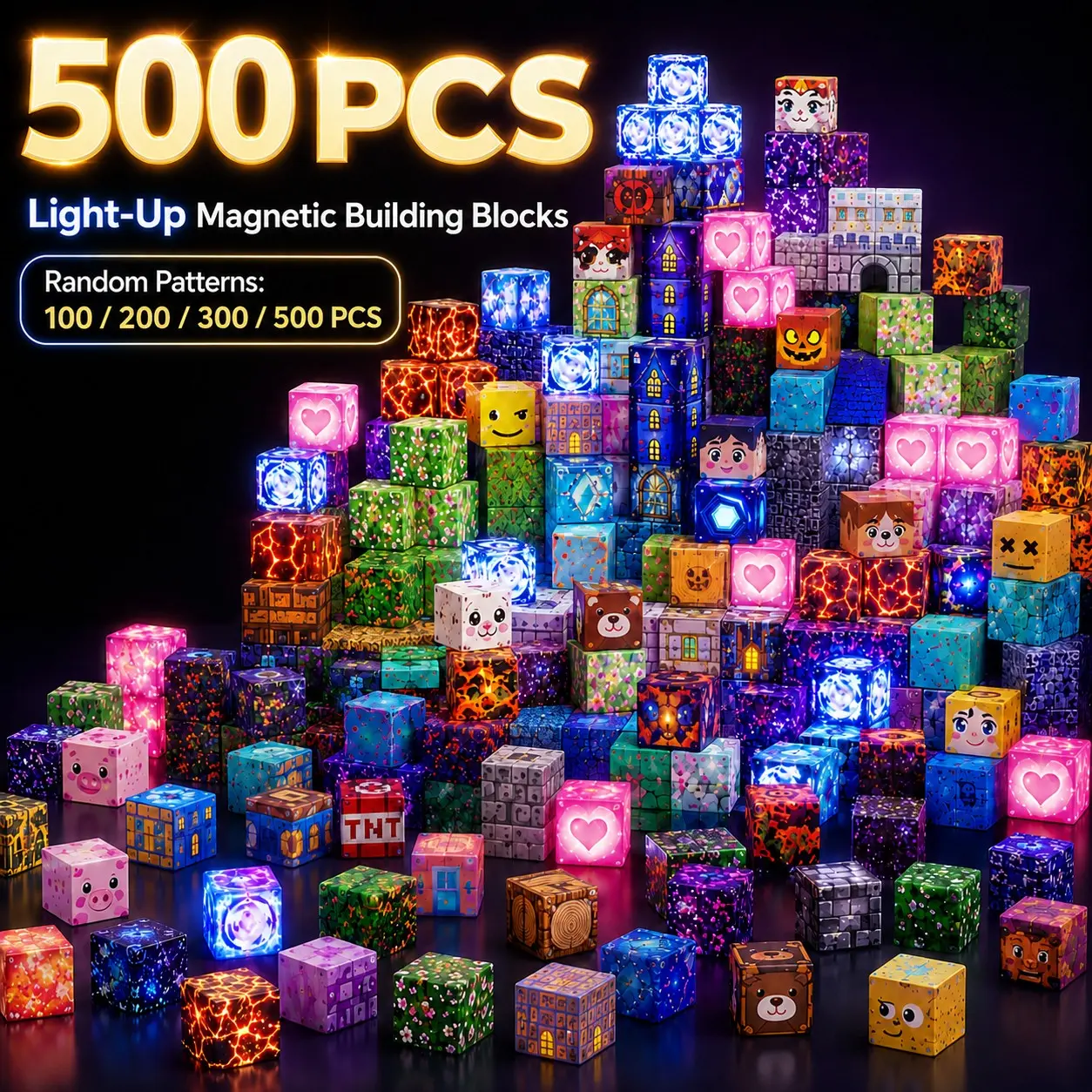 100/200/300/500PCS Light Up Magnetic Blocks,LED Magnetic Building Cubes with Strong Magnets,Random Pattern 3D Creative Construction Building Set,STEM Montessori Chirldren Sensory Toys for Kids Age 3+,Educational Birthday Christmas Gifts for Boys  Girls