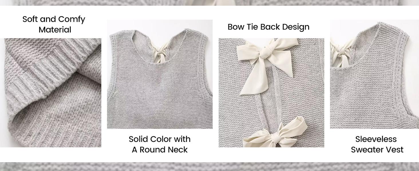 SCUSTY Women's Casual Cropped Sweater Vest Knitted Cardigan with Bow Tie Back Tank Top