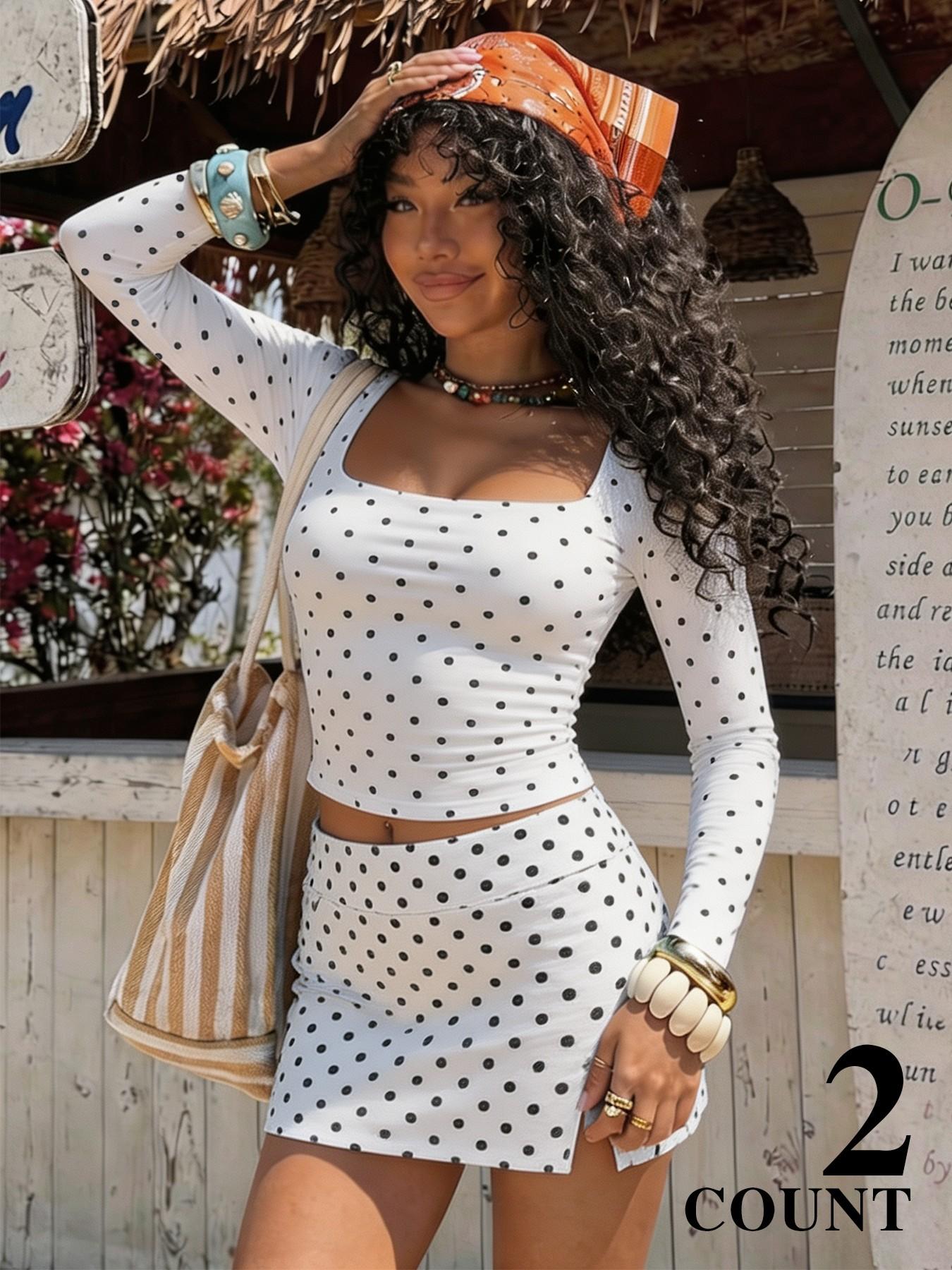 2‑Piece Set Women's French‑style Polka‑dot Square‑neck Slim‑fit Long‑sleeve Top and Sexy Slit Midi Skirt, Elegant Trendy Outfit for Beach Trip, Long Sleeves