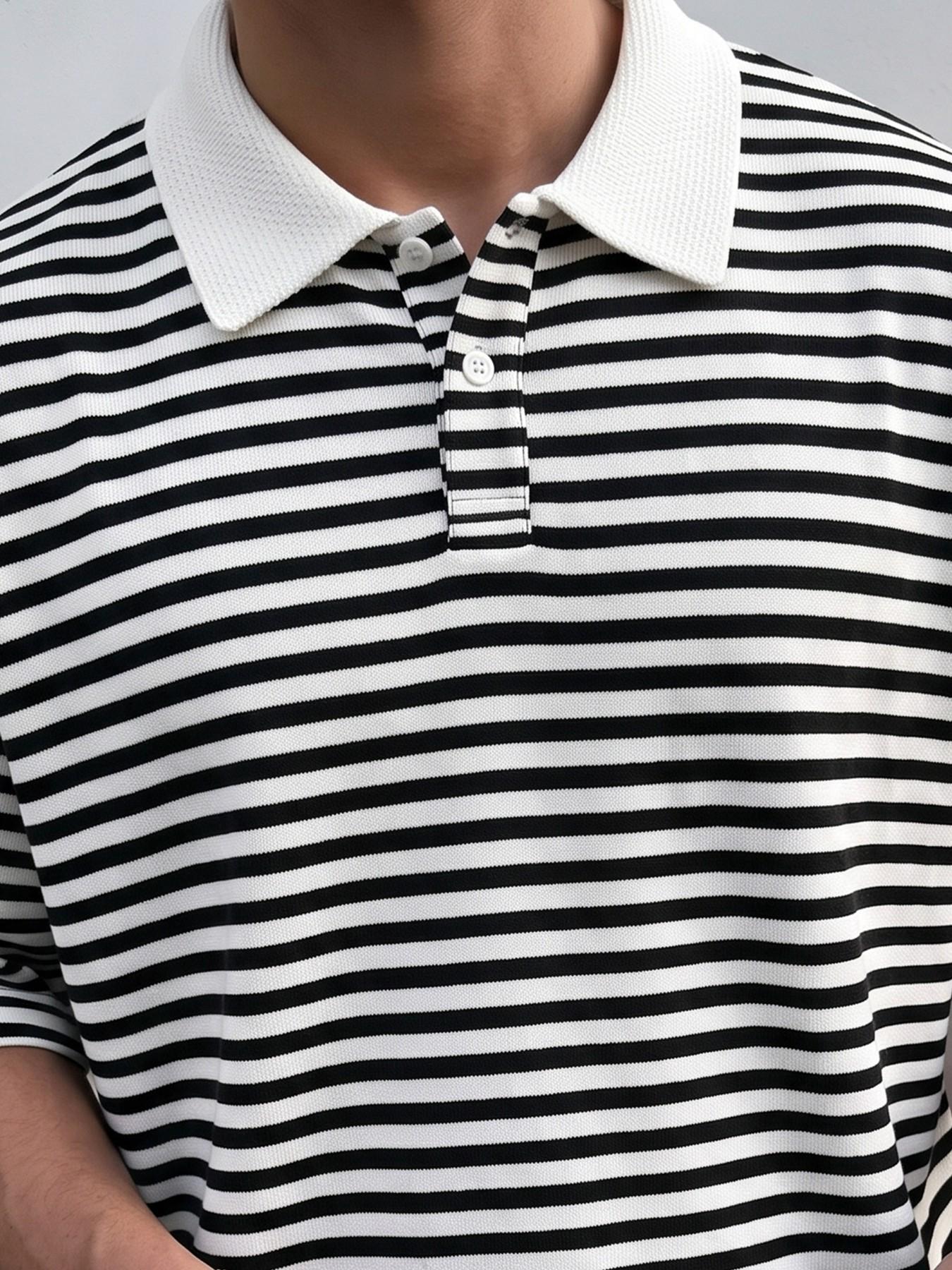Men's and Striped Short Sleeve Polo Shirt, Contrast Collar Button Down Casual Top, Loose-Fitting Unlined Design