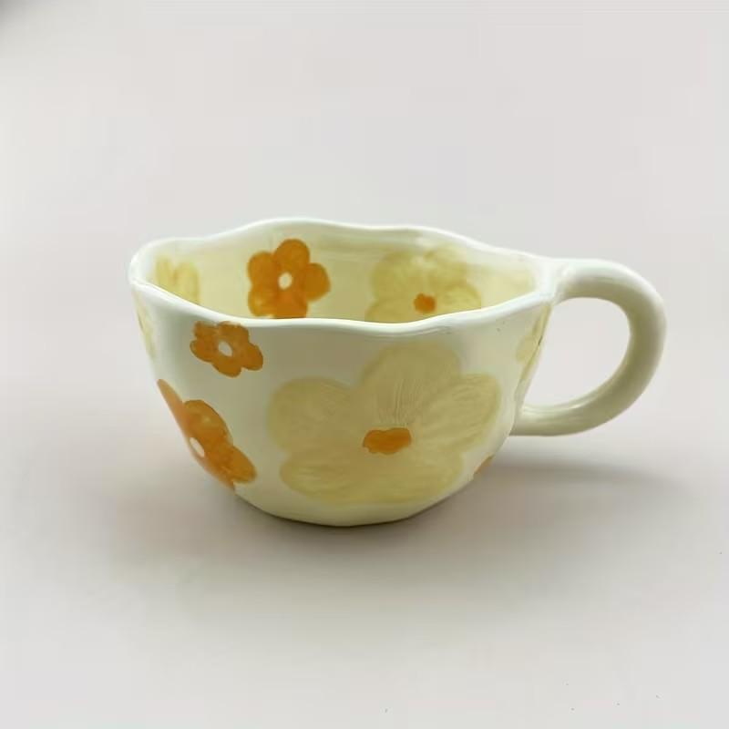 Floral Pattern Ceramic Cup, Irregular Flower Shape Coffee Mug, Milk Tea Cup, Korean Oatmeal Breakfast Cup, Drinkware