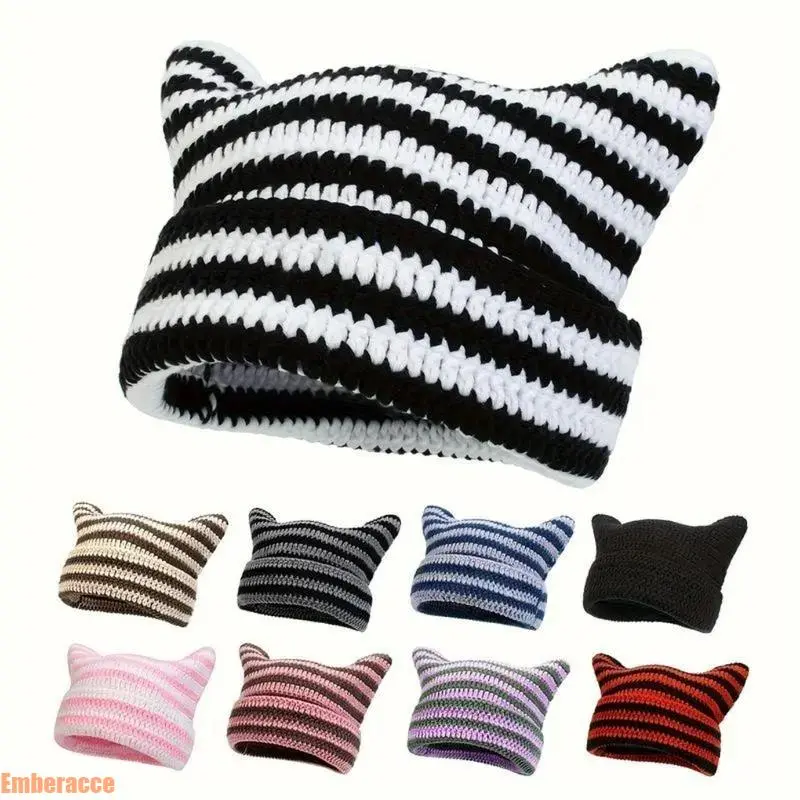 Unisex Handmade Crochet Devil Cat Ear Beanie, Y2K Streetwear Knit Cap, Soft Washable Acrylic Animal Ear Hat, Multi-Color Options for Daily Casual, Outdoor Walking, Skate Street Outfits, Gender Neutral Warm Fashion Headwear for All Seasons