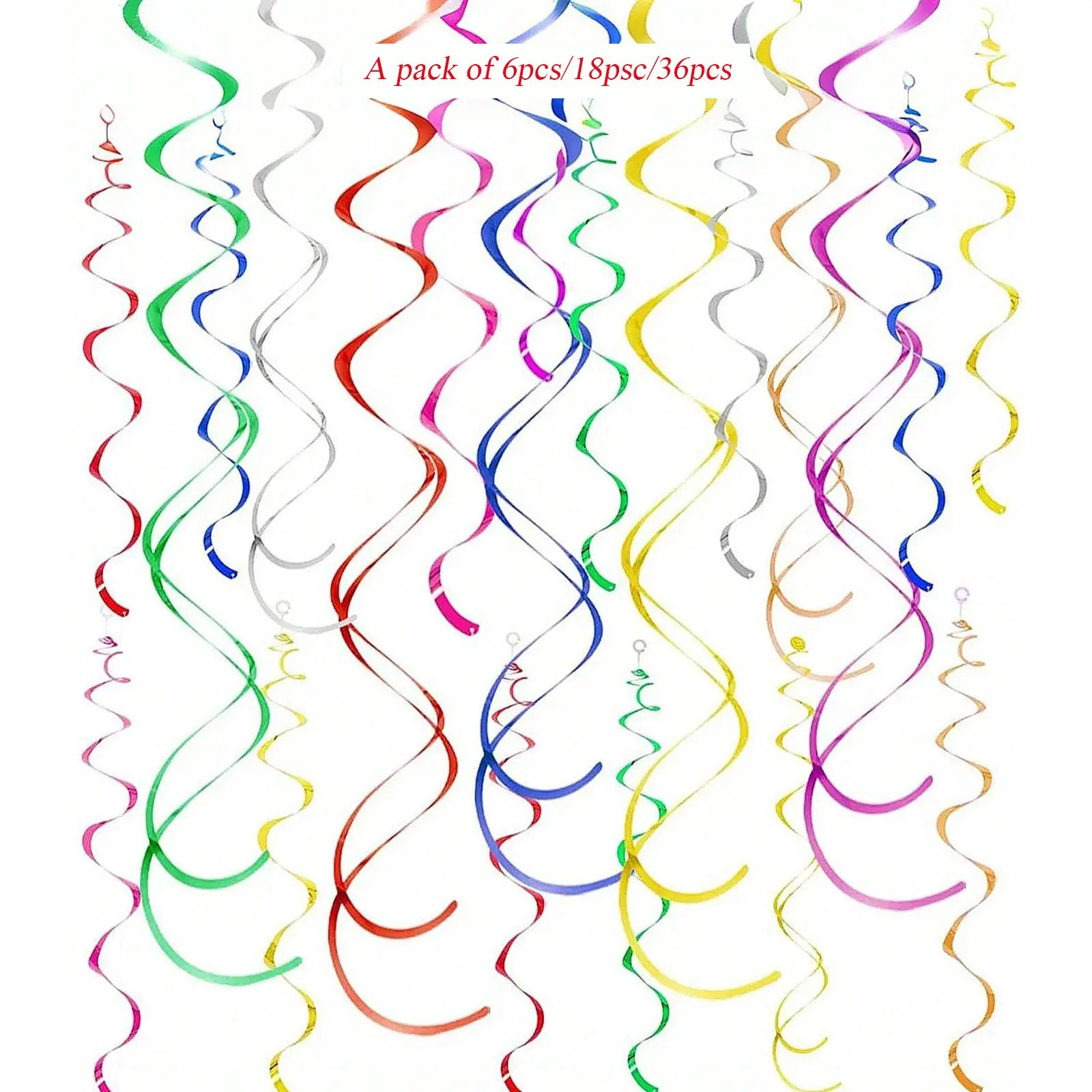 6/18/36 Piece Set Colorful Ceiling Swirl Foil Decorative Hanging Plastic Ribbon, Party Decoration for Wedding, Thanksgiving, Graduation, Birthday