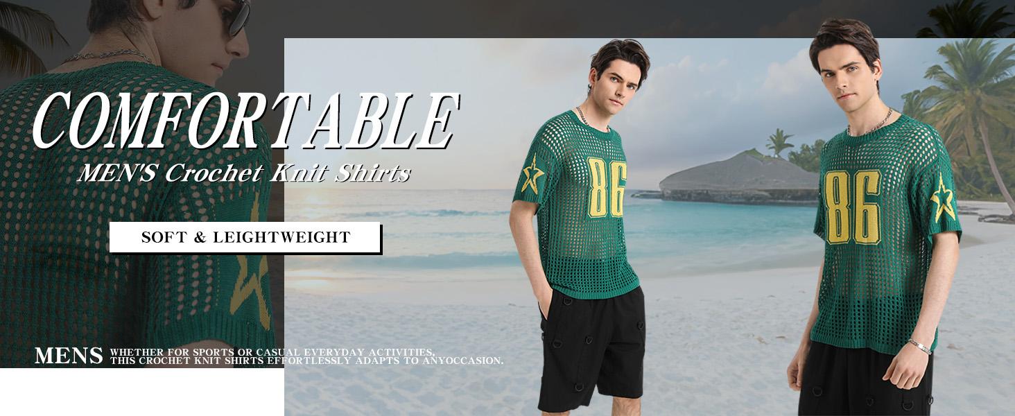 HYPESTFIT Men's Jacquard Hollow Out Knitted Sweater Shirt Street Life  Number Graphic Round Neck Shrt Sleeve Pullovers Top Football Style  Casual Knitwear